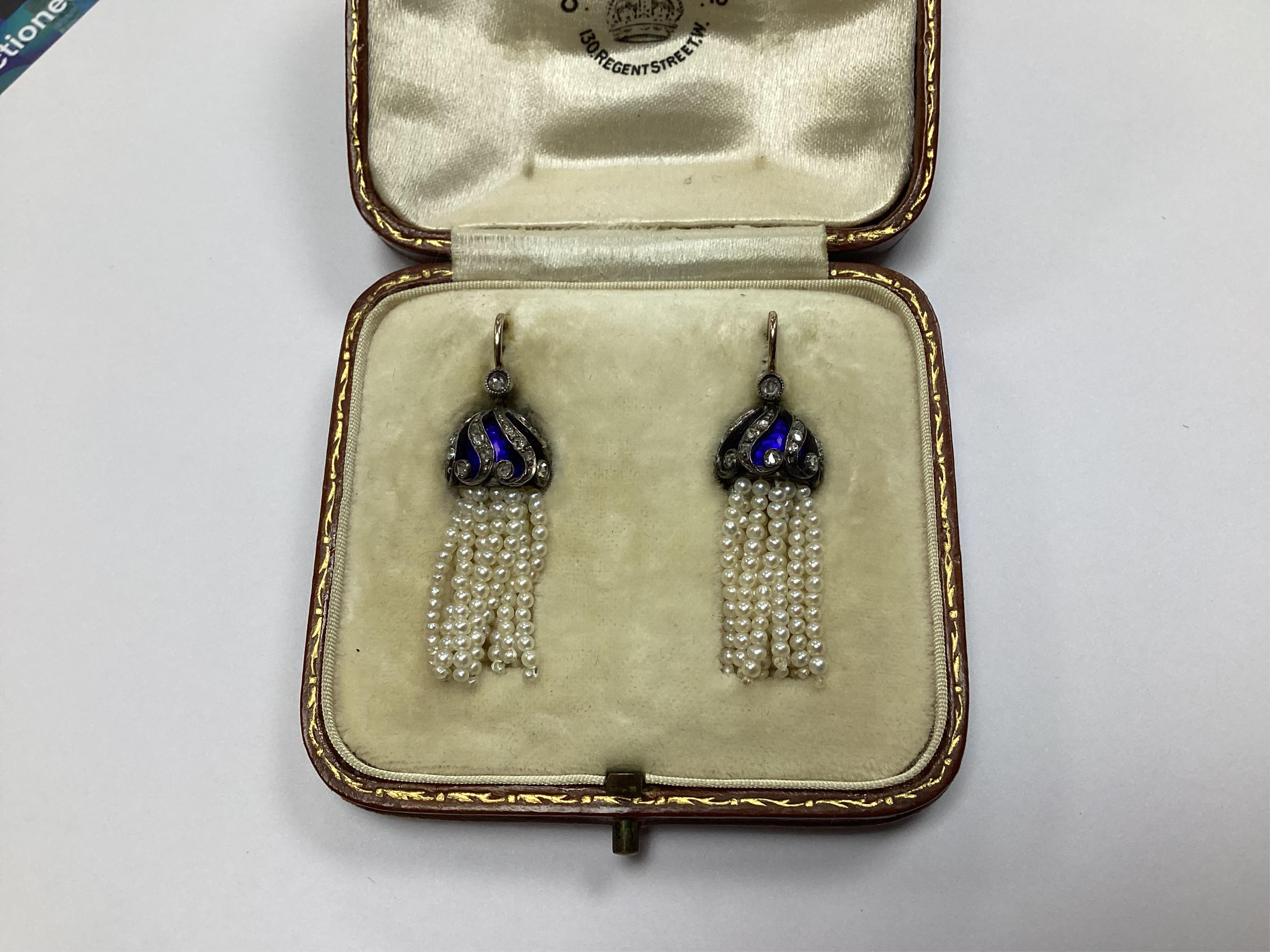 A pair of late Victorian, gold and seed pearl multi tassel drop earrings